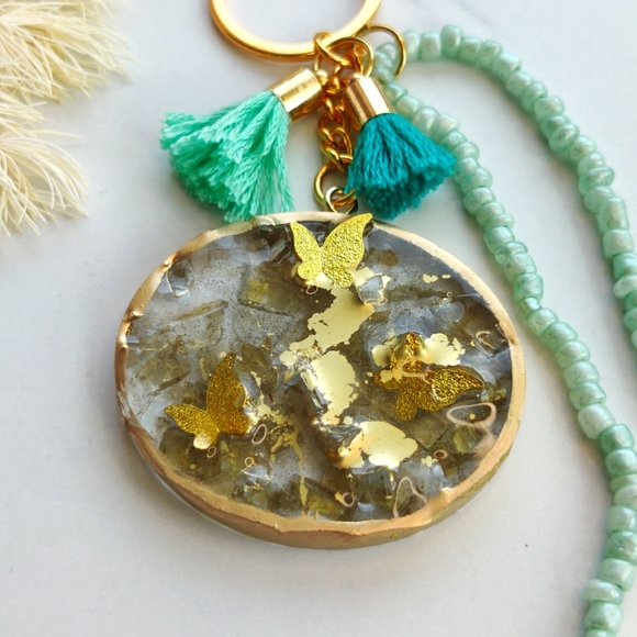 20. Handmade Gold and Aqua Butterfly Resin Keychain - Picture 3 of 3